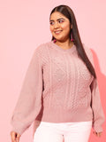 Curvy Street Plus Women Women Pink Cable Knit Acrylic Pullover