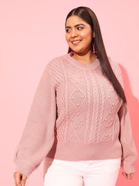 Curvy Street Plus Women Women Pink Cable Knit Acrylic Pullover