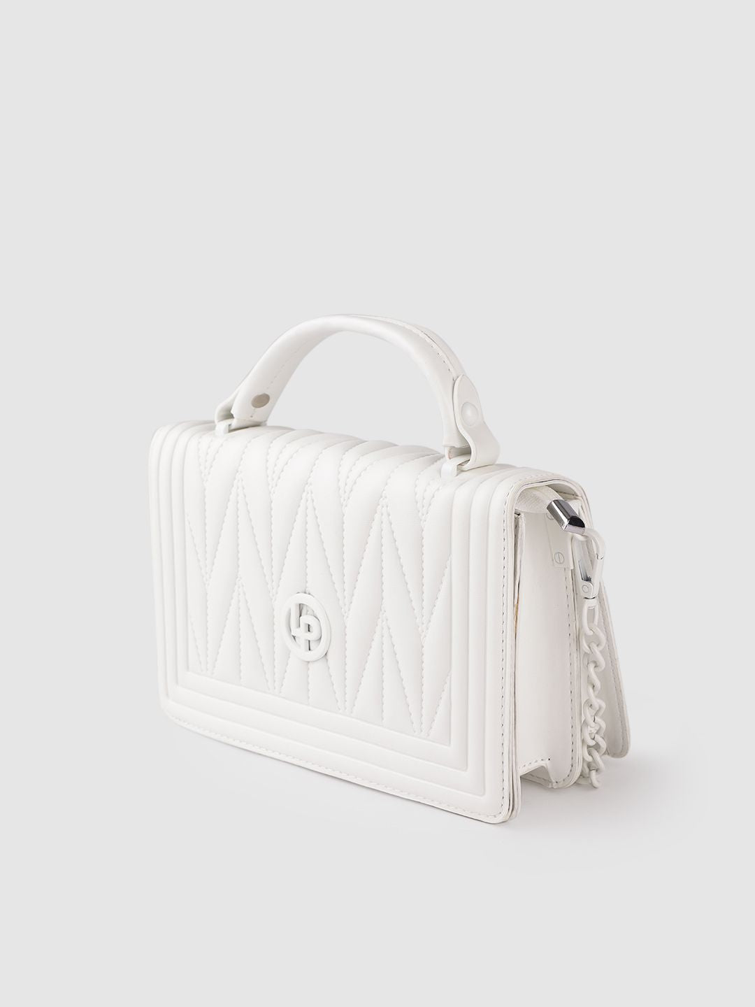 Lino Perros Women White Textured PU Structured Quilted Sling Bag