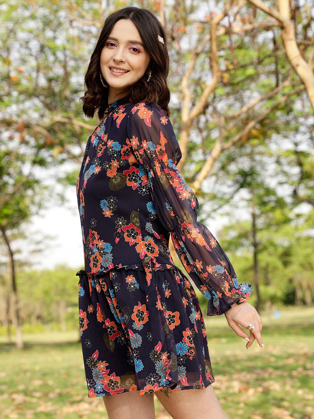 STREET 9 Navy Blue & Orange-Coloured Floral Printed A-Line Mini Dress