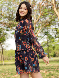 STREET 9 Navy Blue & Orange-Coloured Floral Printed A-Line Mini Dress