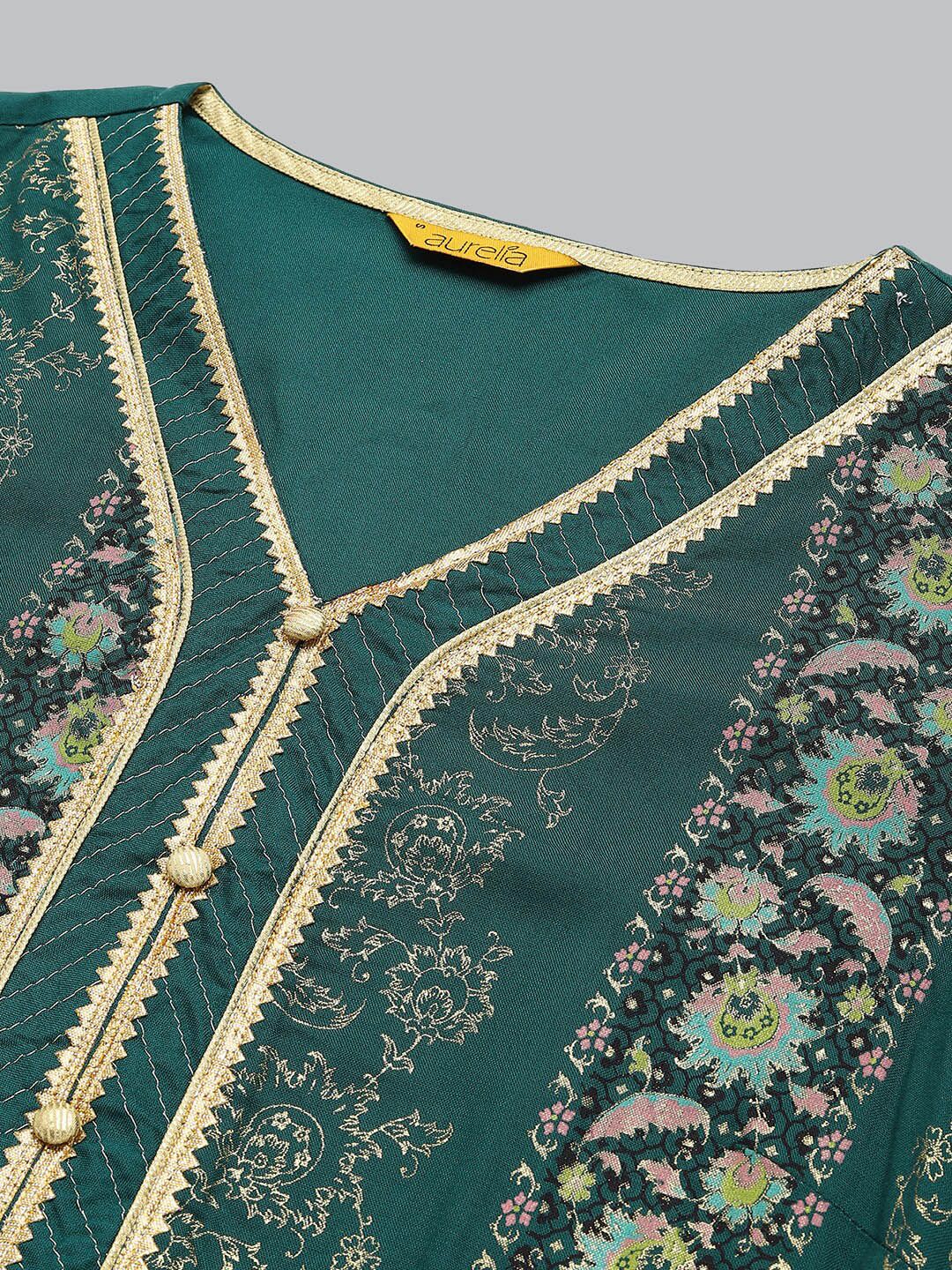 Aurelia Women Green Floral Foil Print Ethnic Liva Kurta