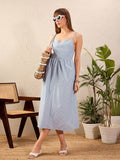 SASSAFRAS Blue Striped Shoulder Strap Cotton Midi Dress