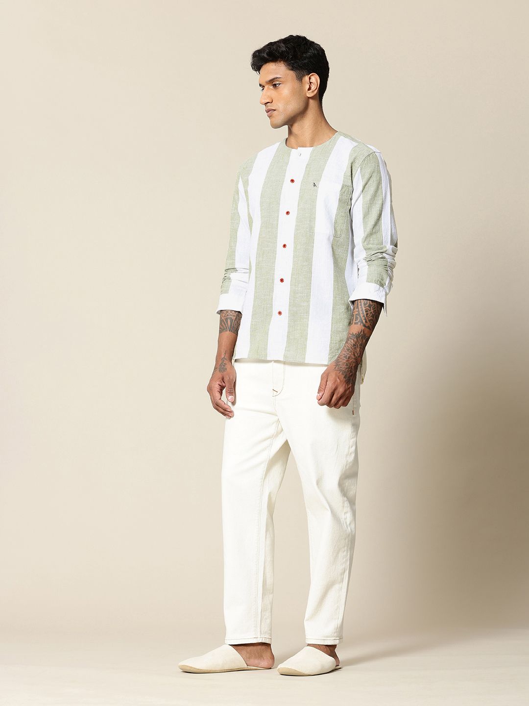 Mr Bowerbird Liberal Fit Self Striped Cotton Linen Casual Shirt