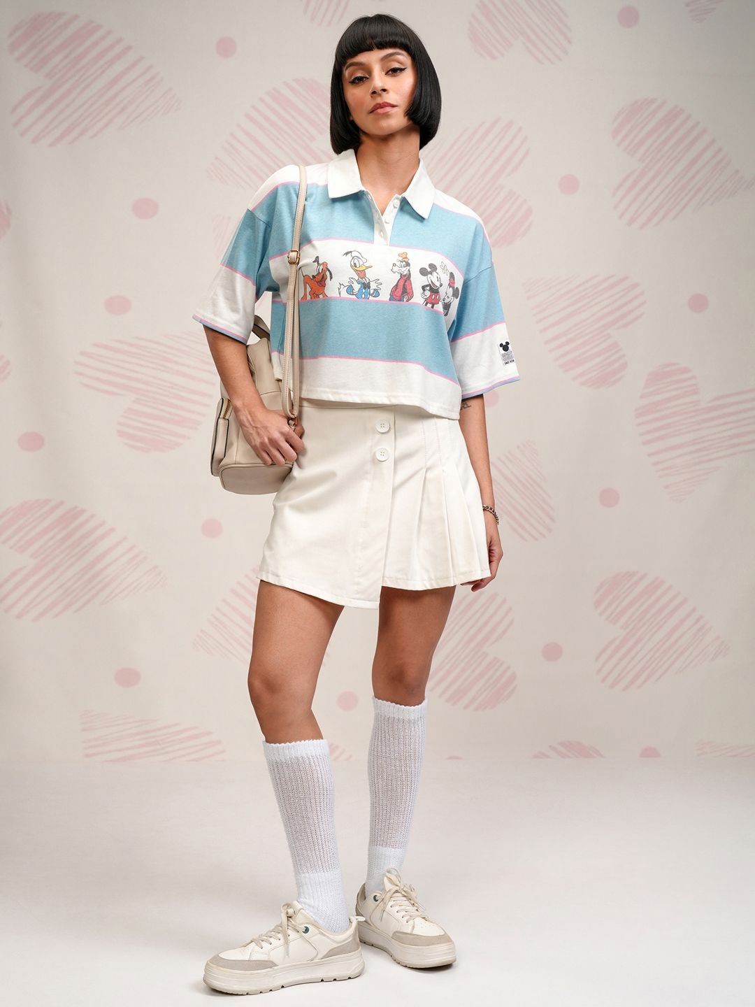 Tokyo Talkies Disney Women Mickey Friends Striped Crop Tshirt