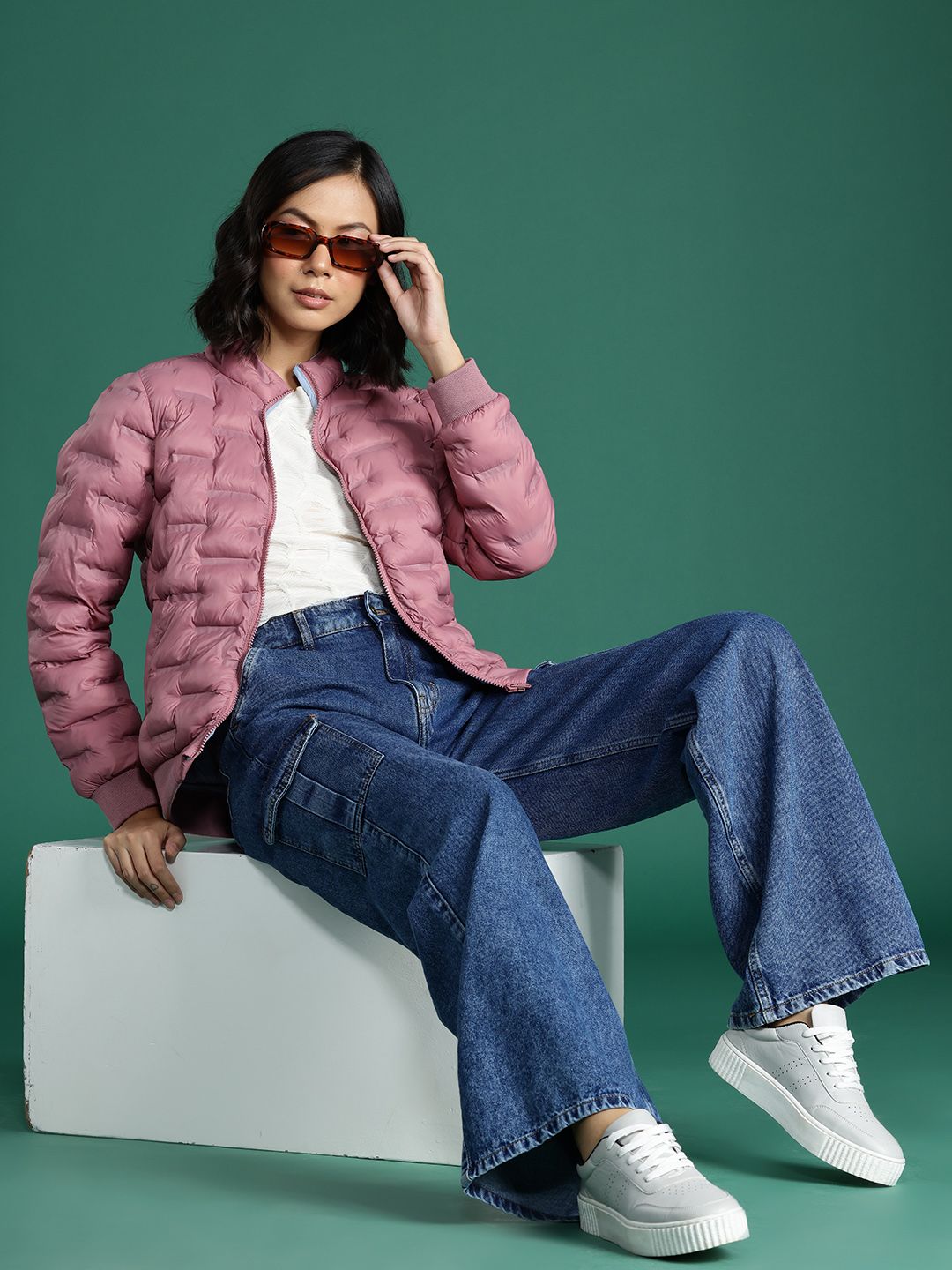DressBerry Solid Embossed Mock Collar Puffer Jacket