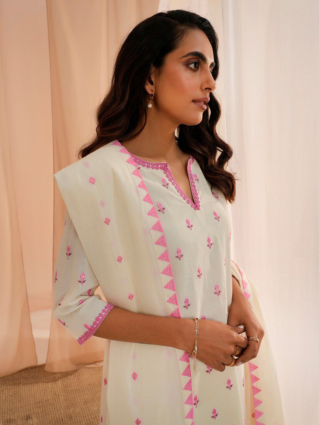 Libas Floral Embroidered Thread Work Pure Cotton Kurta With Palazzos & Dupatta