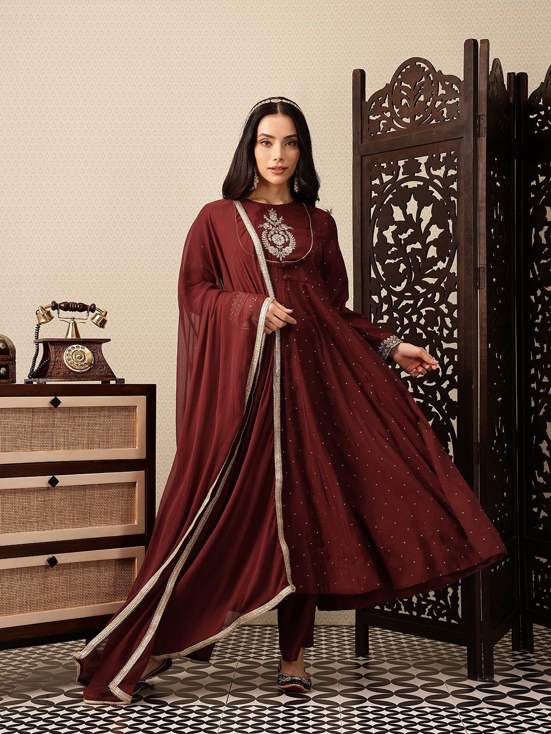 House of Pataudi Embroidered Anarkali Jashn Kurta with Palazzos & Dupatta