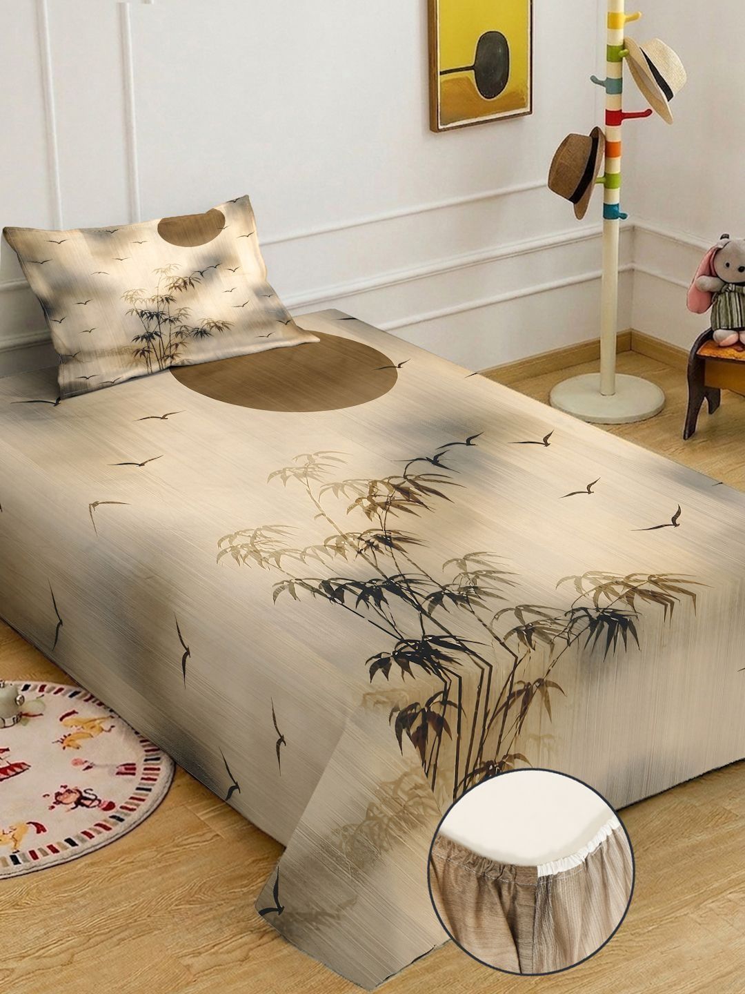 KLOTTHE Beige Floral Fitted 400 TC Single 7D Bedsheet with 1 Pillow Covers