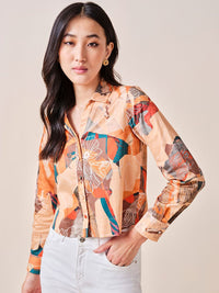 AND Abstract Printed Cuffed Sleeves Cotton Shirt Style Top