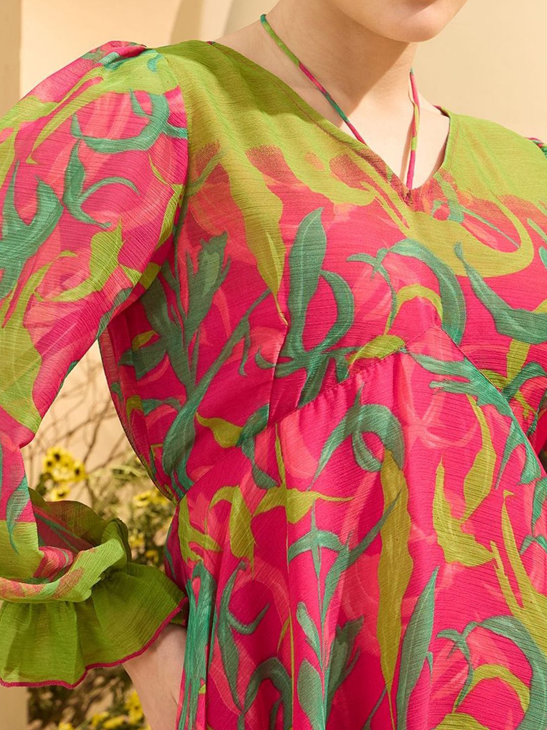 Antheaa Women Printed Puff Sleeves Empire Top