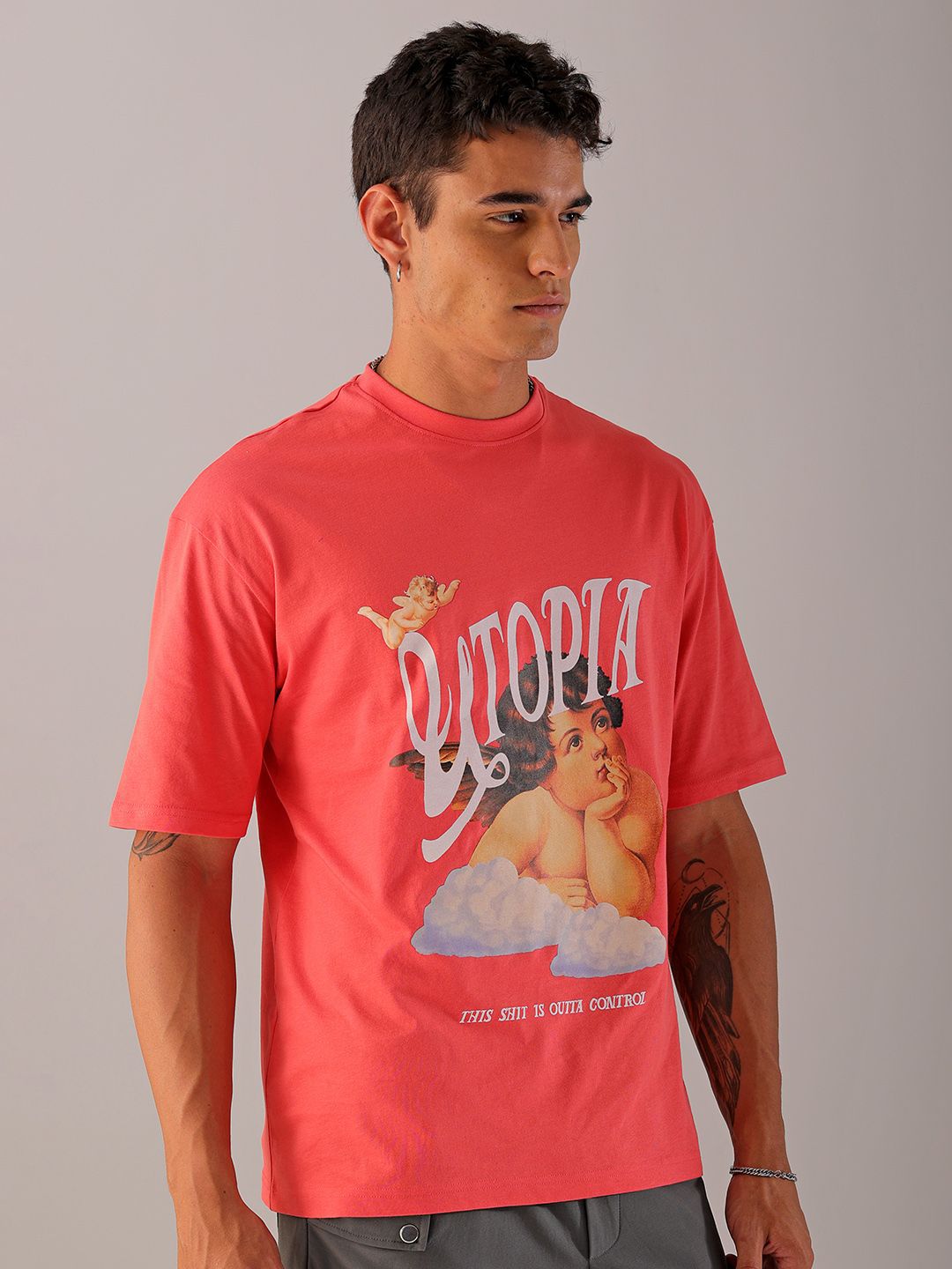 The Indian Garage Co Pure Cotton Typography Printed Boxy Oversized Round Neck T-shirt
