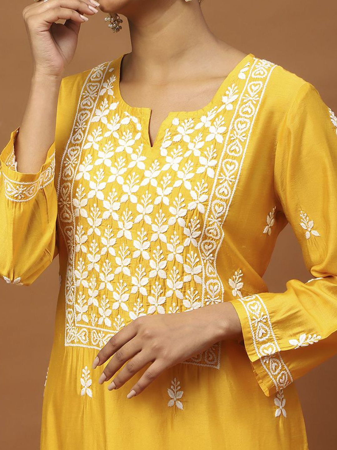 Rumah Chikankari Wanita Mustard Kuning Chanderi Chikankari Sulam Kurta