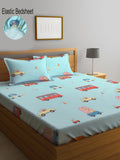 KLOTTHE Blue & Red Printed 300 TC Fitted Double King Bedsheet with 2 Pillow Covers