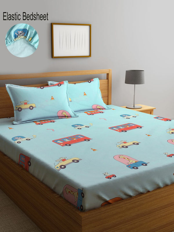 KLOTTHE Blue & Red Printed 300 TC Fitted Double King Bedsheet with 2 Pillow Covers