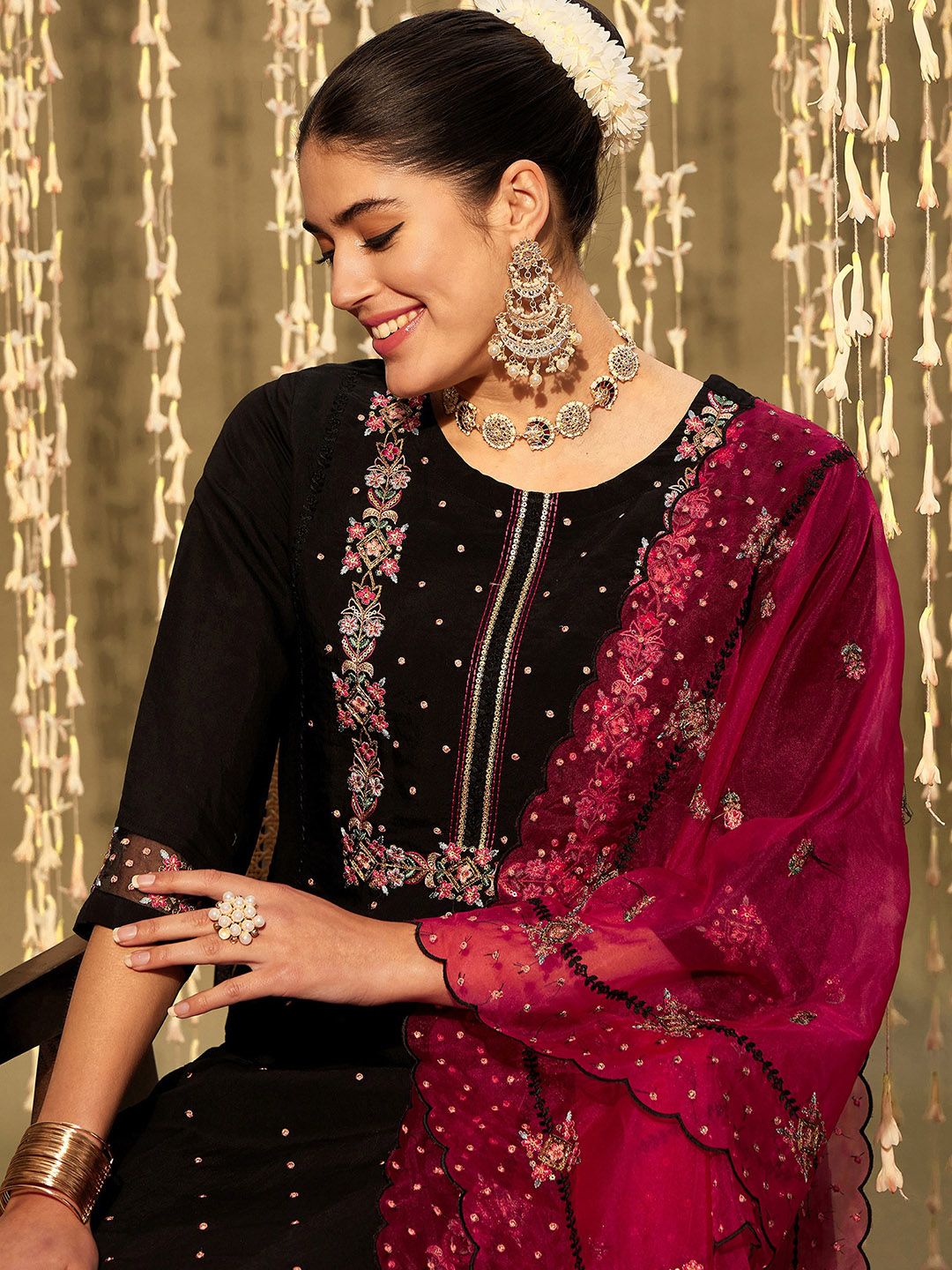 Indo Era Floral Embroidered Regular Thread Work Kurta With Trousers & Dupatta