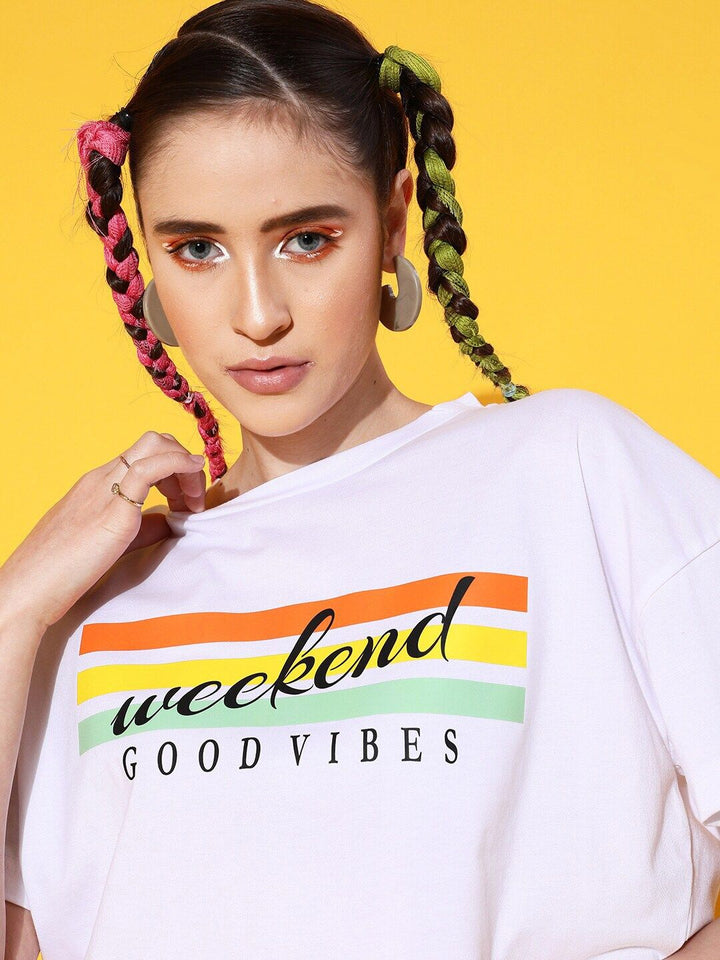 STREET 9 Women White Printed Cotton Drop-Shoulder Sleeves Bio Finish T-shirt