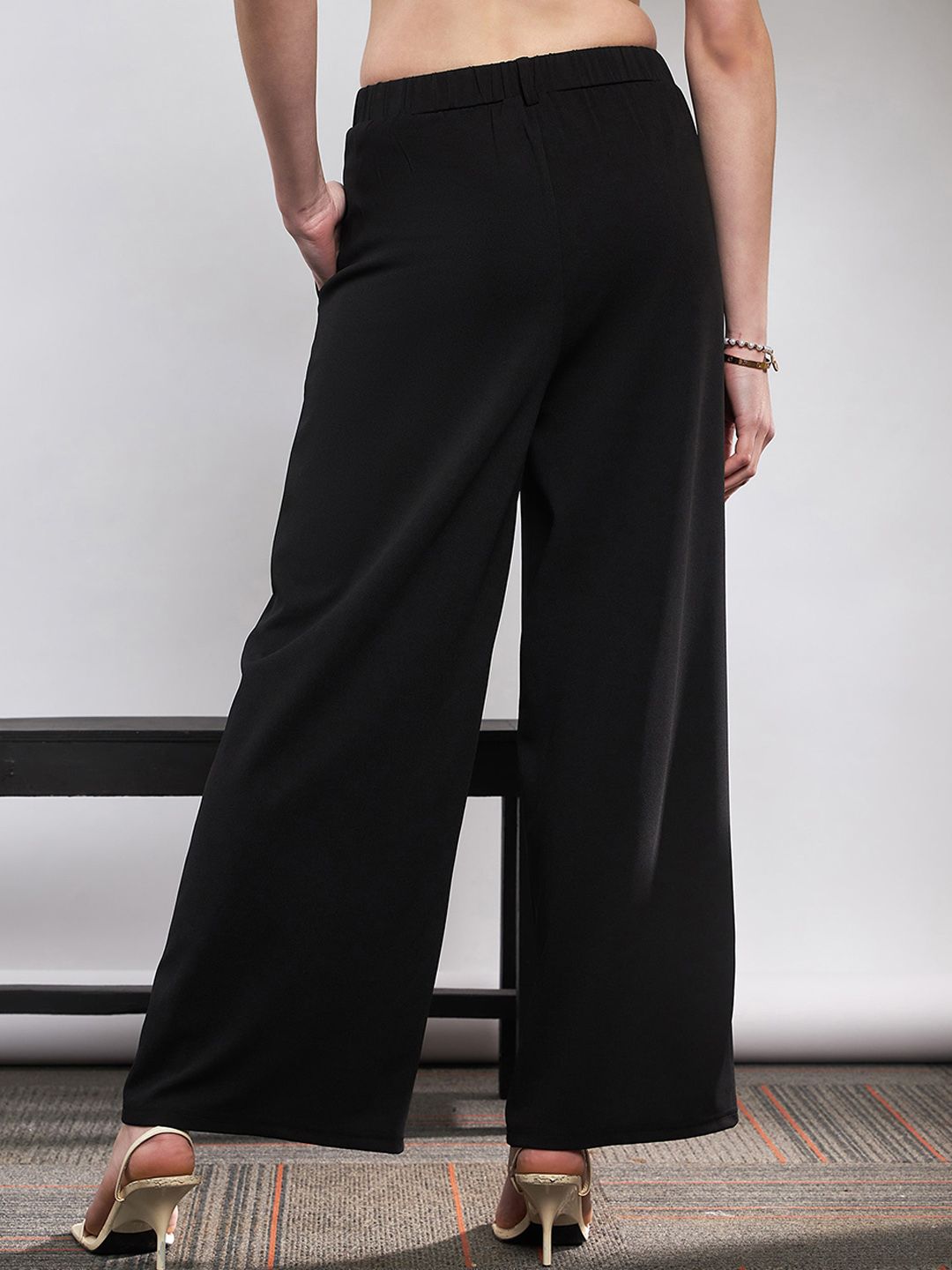 SASSAFRAS Women Black Flared High-Rise Pleated Parallel Trousers