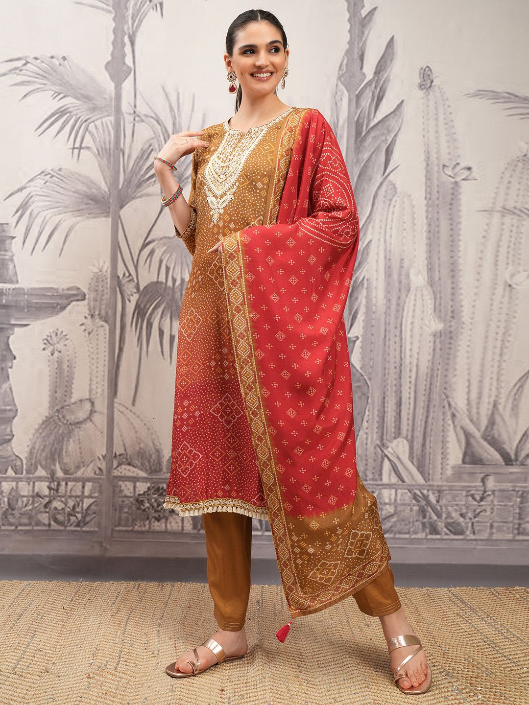 Vishudh Brown Ethnic Motifs Regular Thread Work Straight Kurta With Trousers & Dupatta