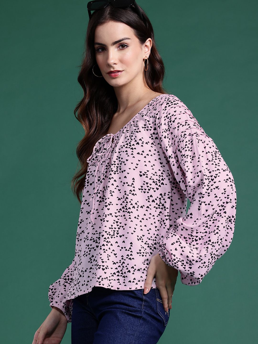DressBerry Printed Tie-Up Neck Puff Sleeve Top
