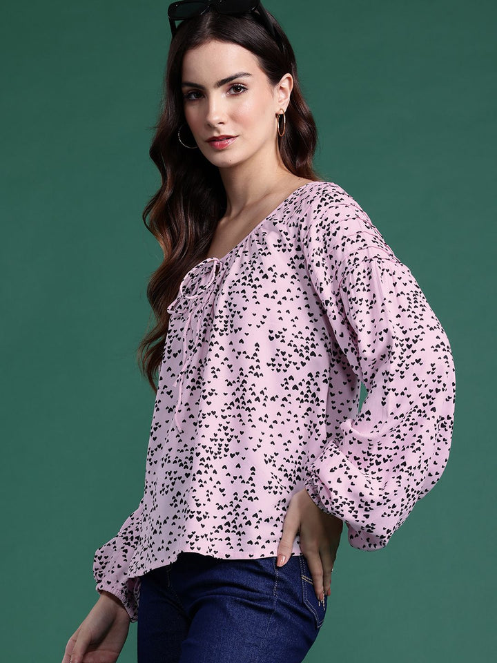 DressBerry Printed Tie-Up Neck Puff Sleeve Top