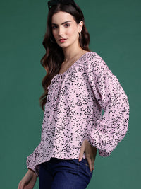 DressBerry Printed Tie-Up Neck Puff Sleeve Top