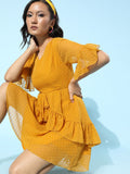 Berrylush Women Stylish Mustard Self-Design Feminine Frills Dress