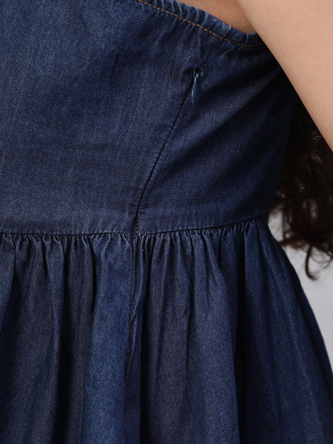 STREET 9 Navy Blue Solid Indigo Pure Cotton Denim A-Line Top