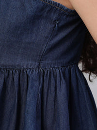 STREET 9 Navy Blue Solid Indigo Pure Cotton Denim A-Line Top