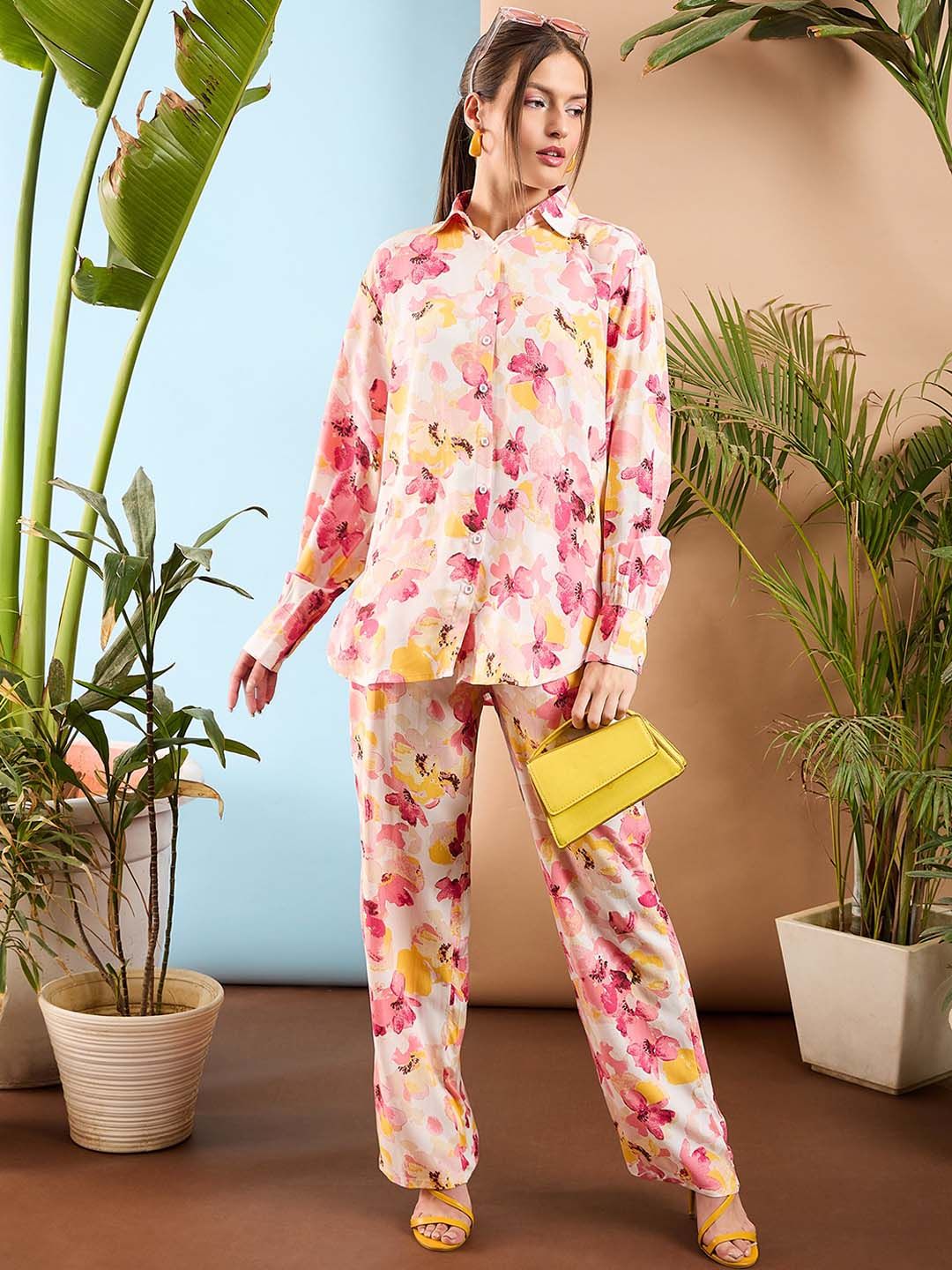 SASSAFRAS Pink Floral Printed Oversize Shirt & Trousers