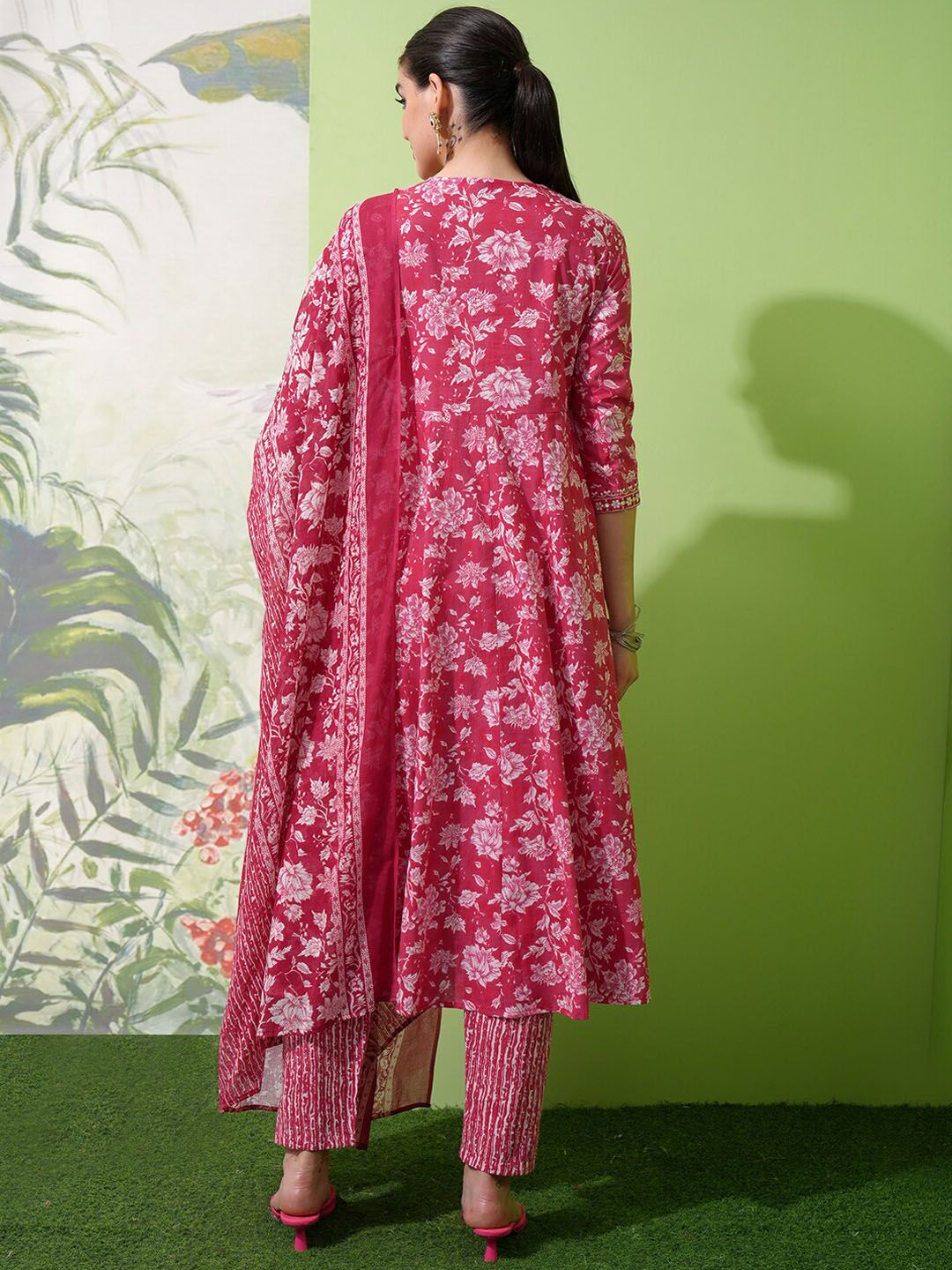 Vishudh Floral Printed Regular Thread Work Pure Cotton Kurta with Trousers & With Dupatta