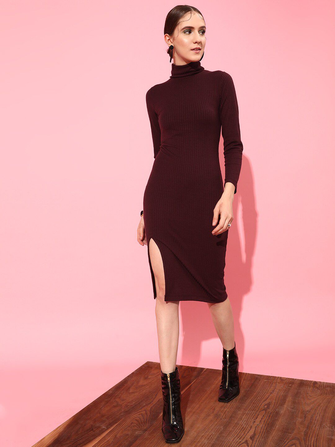 STREET 9 Front Slit Knee Length High Neck Acrylic Jumper Dress