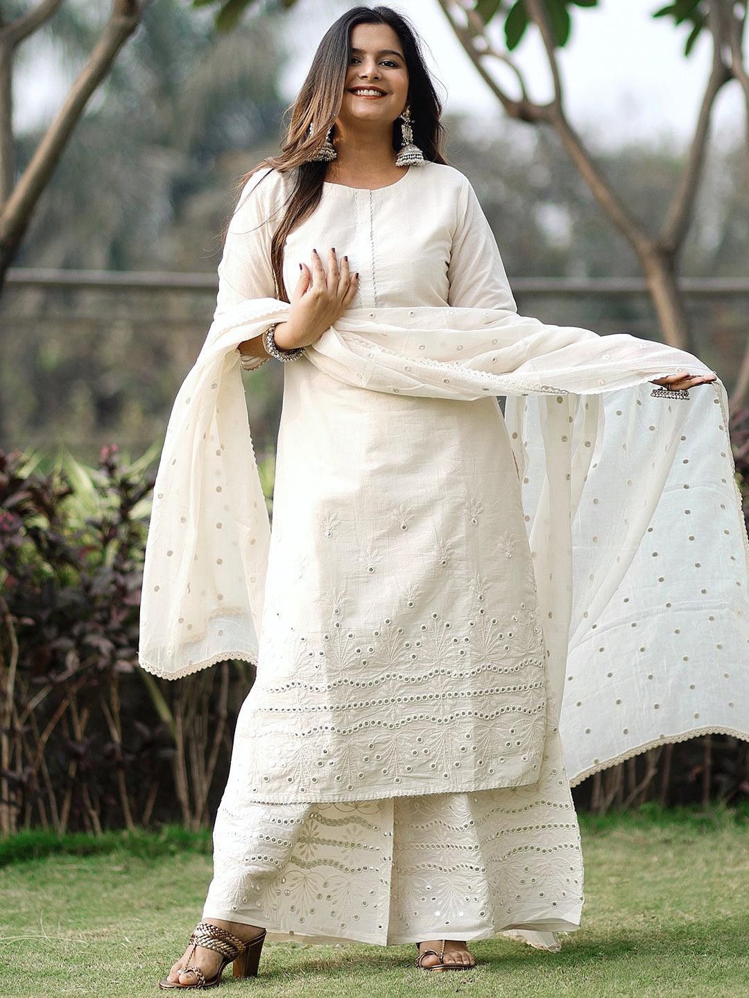 Libas Women Off White  Floral Mirror detail Cotton Straight Kurta & Palazzos with Dupatta