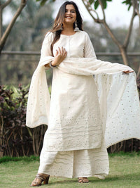 Libas Women Off White  Floral Mirror detail Cotton Straight Kurta & Palazzos with Dupatta