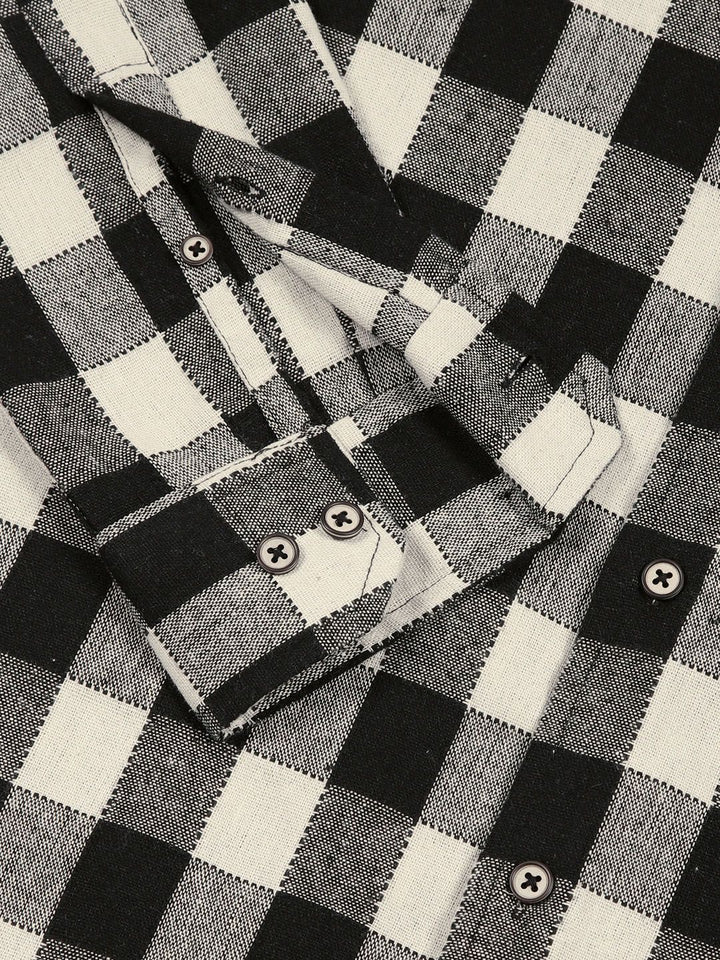 Thomas Scott Men Classic Slim Fit Spread Collar Windowpane Checked Cotton Casual Shirt