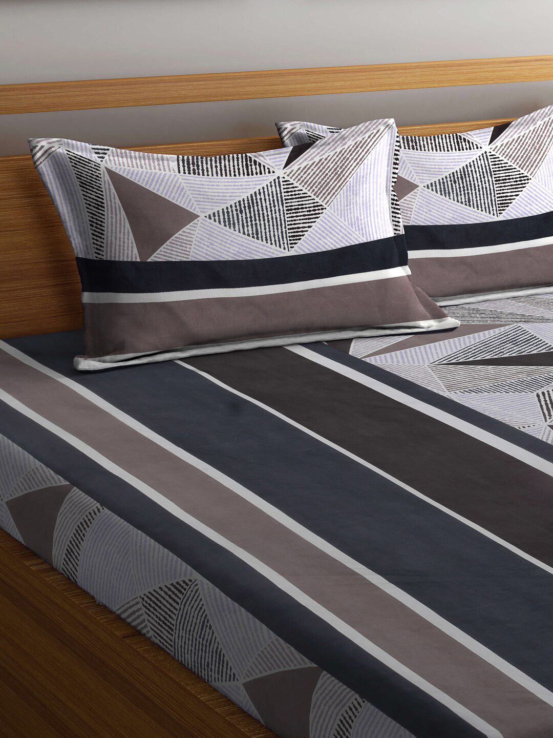 KLOTTHE Grey Abstract Polycotton 300 TC Fitted King Fine Bedsheet with 2 Pillow Covers-250 x 220 cm