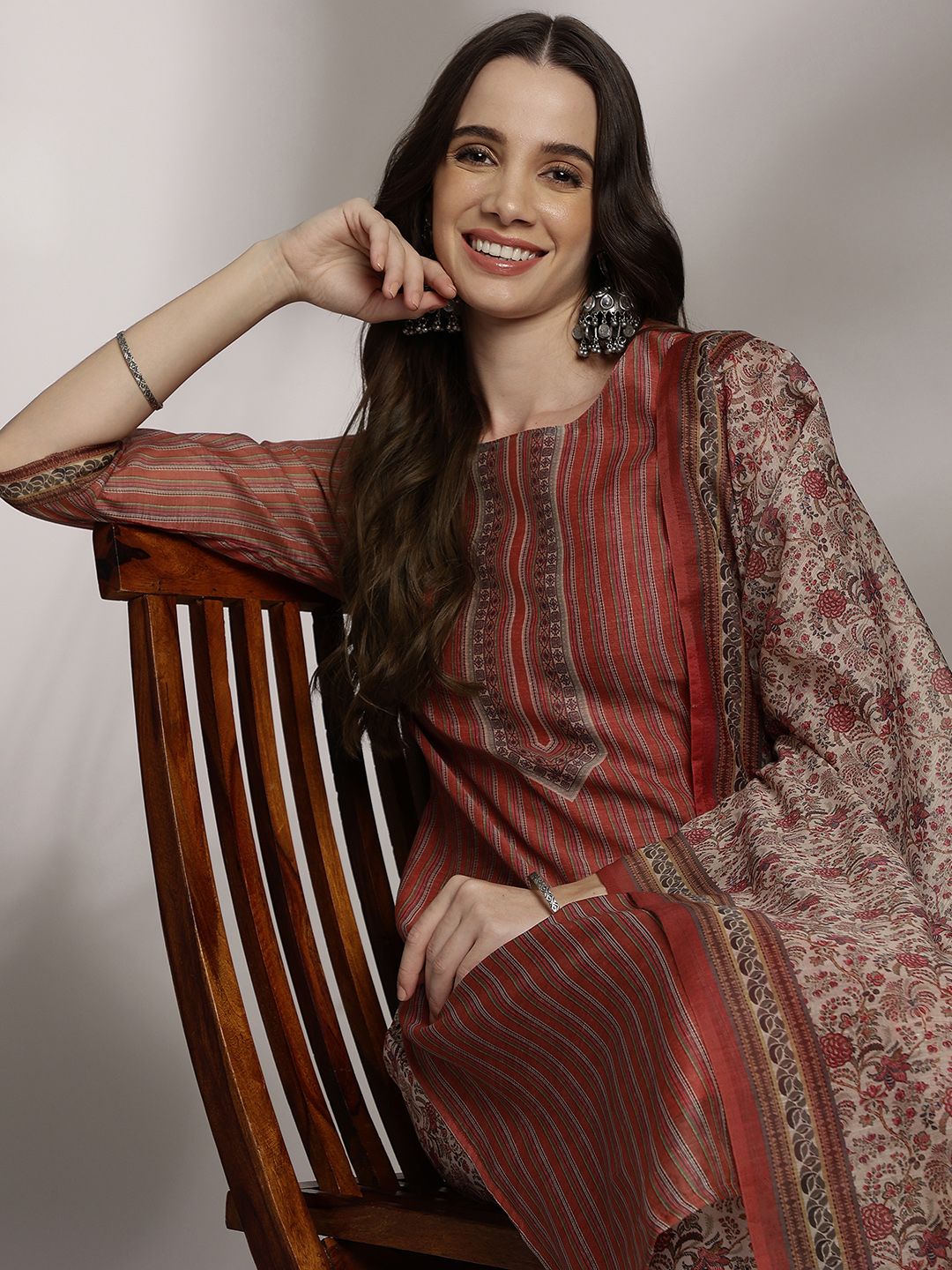 Anouk Women Striped Regular Kurta with Trousers & With Dupatta
