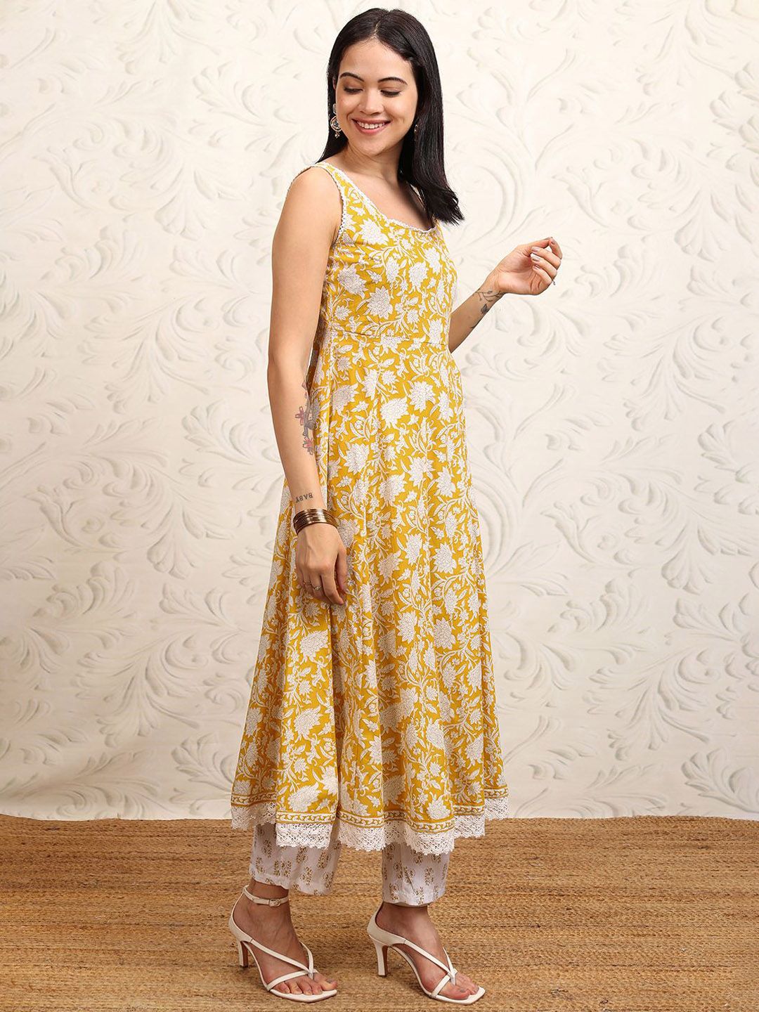 Vishudh Yellow Printed Sleevsless Pure Cotton Anarkali Kurta With Trousers & Dupatta