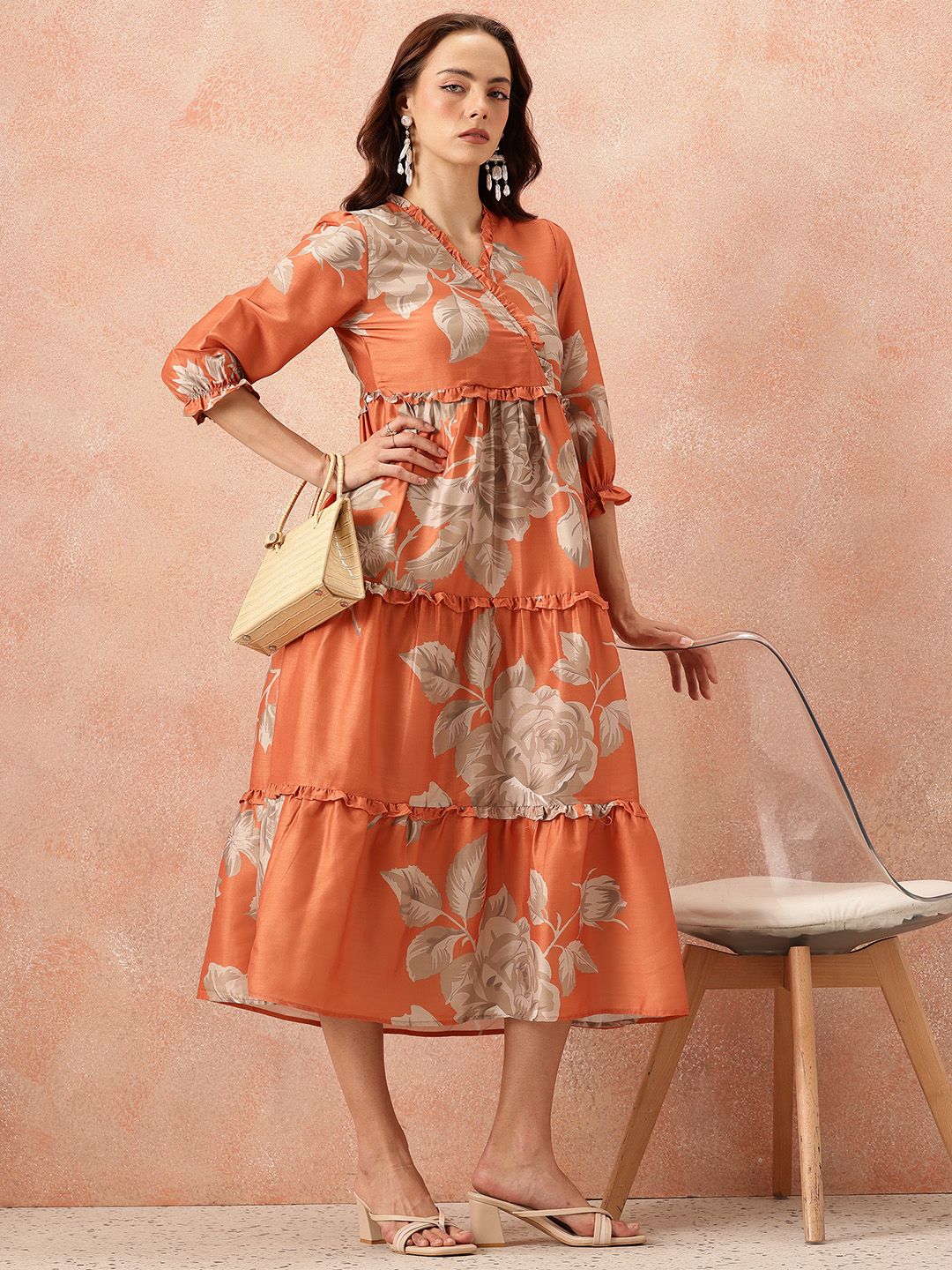 all about you Floral Printed Ruffled Detail Tiered Wrap-Style Midi Fit & Flare Dress