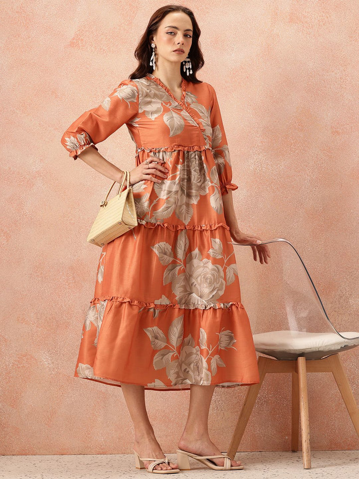 all about you Floral Printed Ruffled Detail Tiered Wrap-Style Midi Fit & Flare Dress