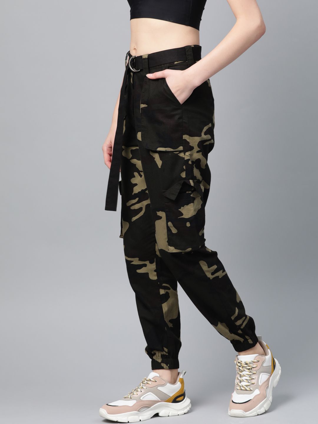 STREET 9 Women Olive Green & Brown Camouflage Print Cargos