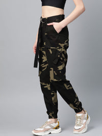STREET 9 Women Olive Green & Brown Camouflage Print Cargos