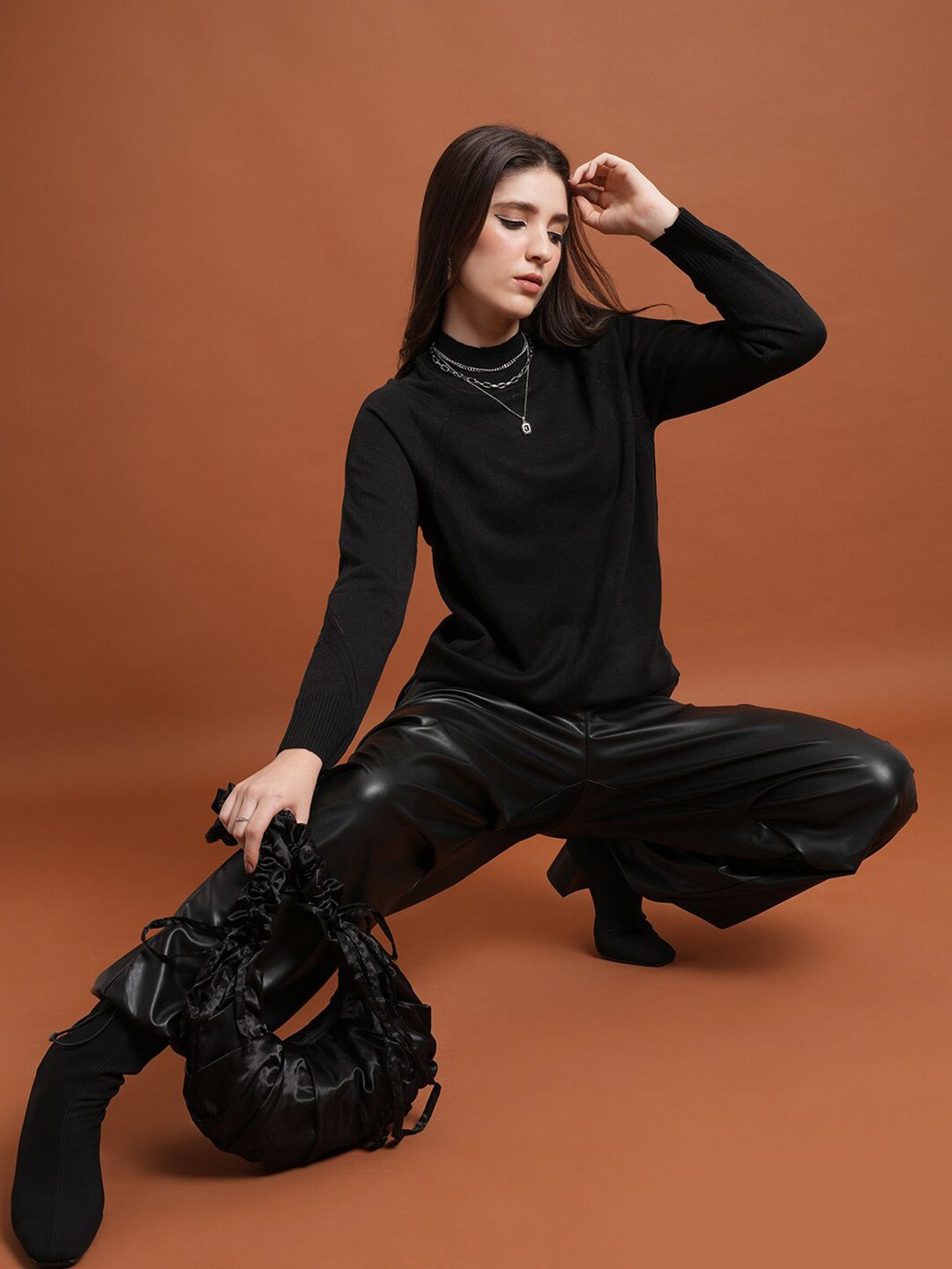 Tokyo Talkies Black Mock Collar Acrylic Pullover