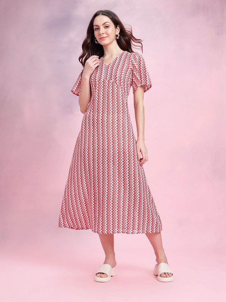 DressBerry Chevron Self-Design Bell Sleeves Crochet Empire Midi Dress