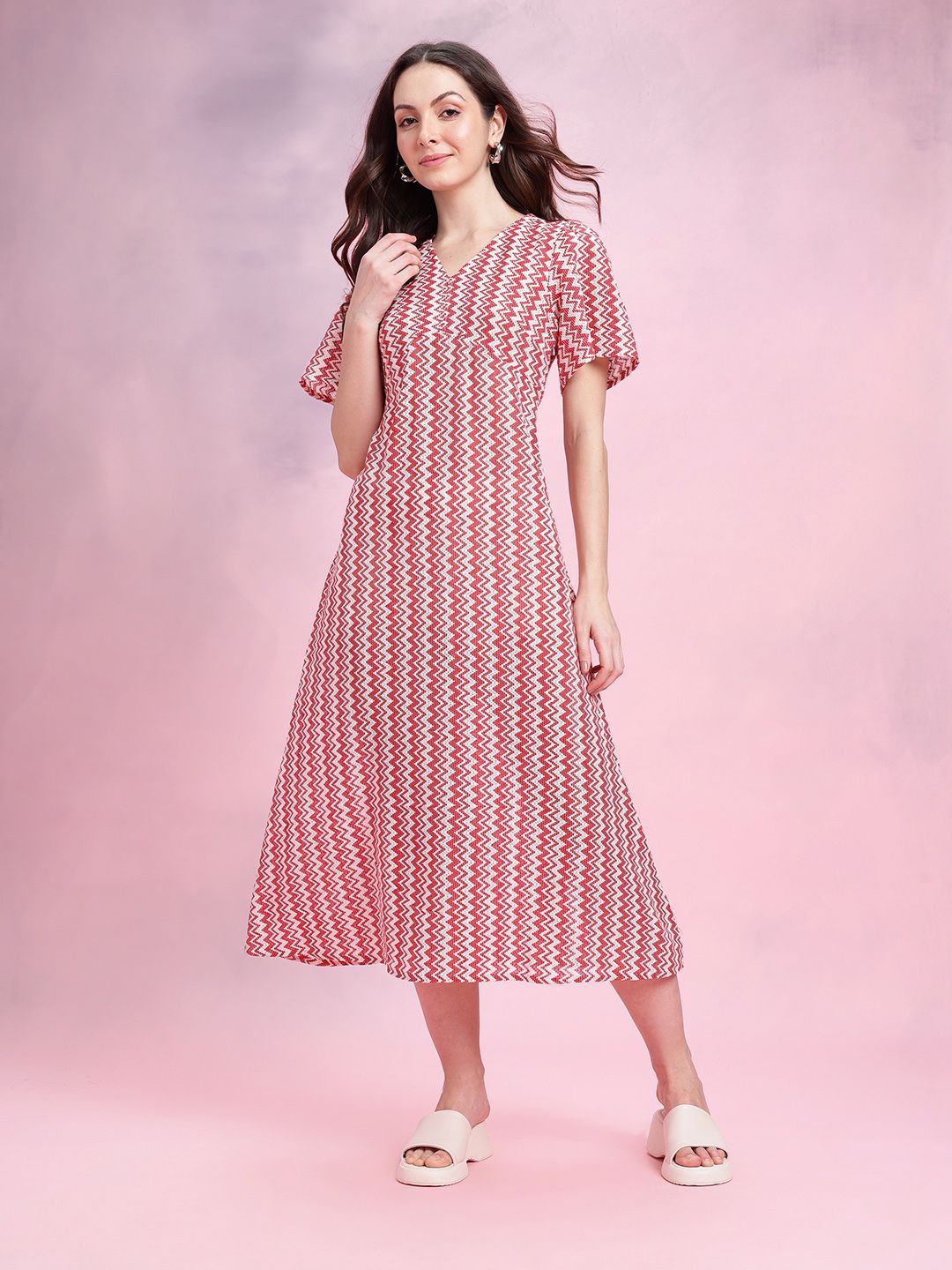 DressBerry Chevron Self-Design Bell Sleeves Crochet Empire Midi Dress