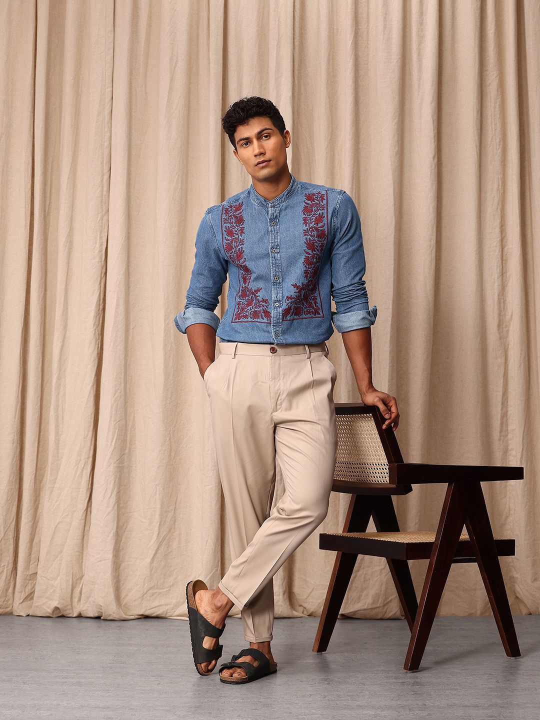 Mr Bowerbird Pure Cotton Tailored Fit Band Collar Floral Embroidered Chambray Casual Shirt