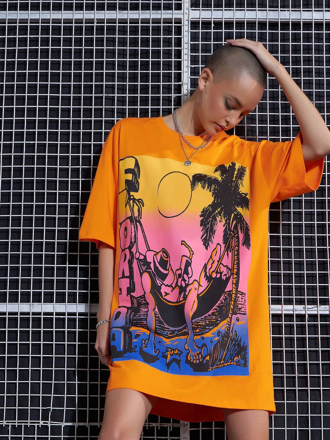 SASSAFRAS Orange Graphic Printed Drop Shoulder Pure Cotton Oversized T-Shirt Dress