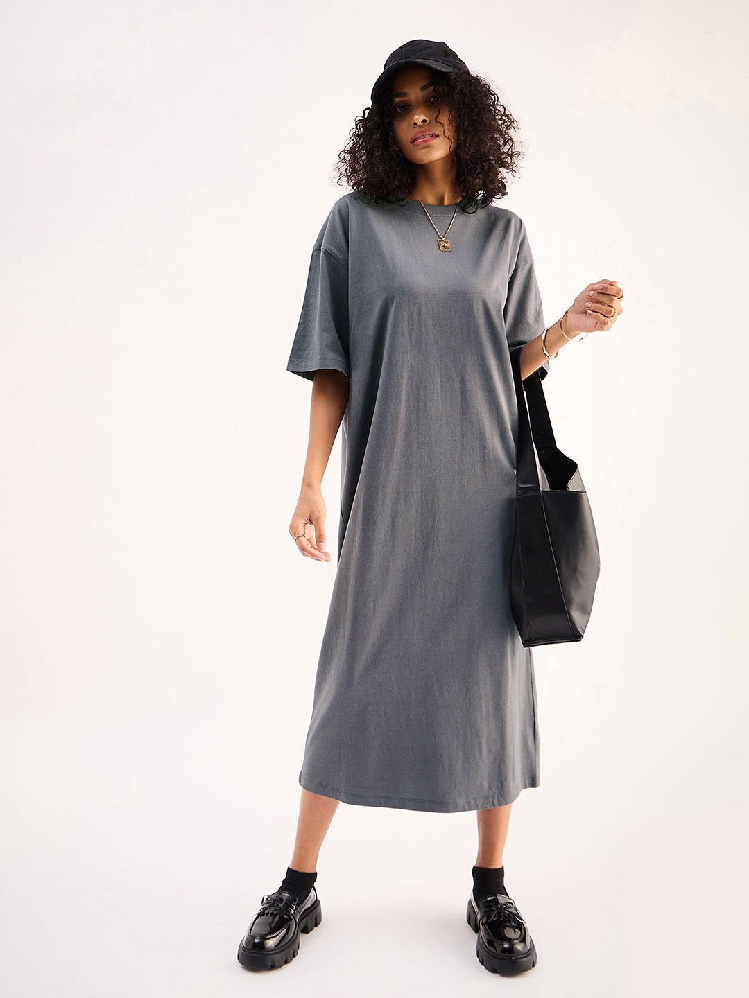SASSAFRAS BASICS Grey Drop Shoulder Sleeves Pure Cotton Oversized T-shirt Midi Dress