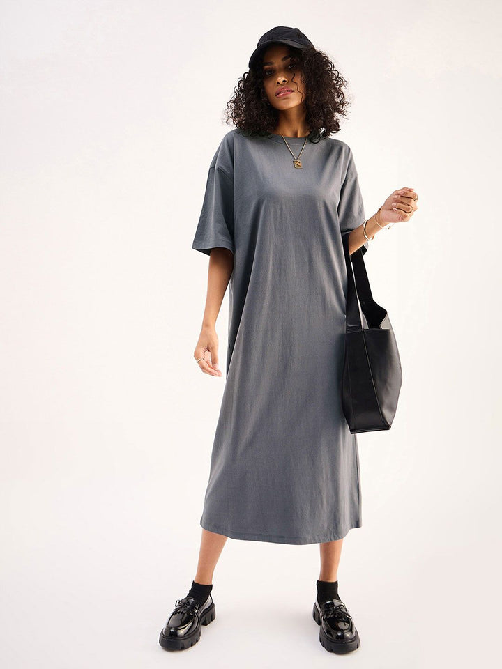 SASSAFRAS BASICS Grey Drop Shoulder Sleeves Pure Cotton Oversized T-shirt Midi Dress