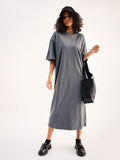 SASSAFRAS BASICS Grey Drop Shoulder Sleeves Pure Cotton Oversized T-shirt Midi Dress